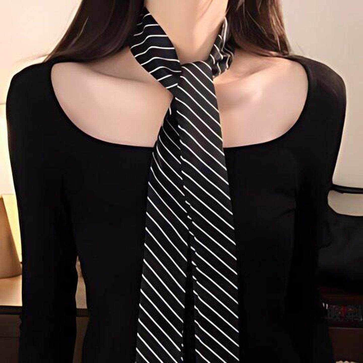 韩系黑白条纹细窄长条丝巾女士系脖高级感搭衬衫领巾领带颈饰百搭