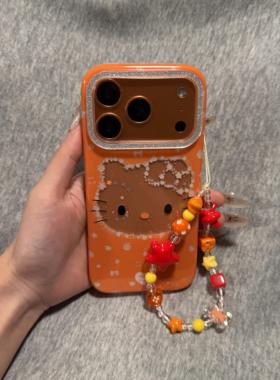 可爱卡通闪粉镜框橙色楼空hellokitty头适用苹果iphone17promax手机壳16pro少女15pro防摔14pro保护套13链条