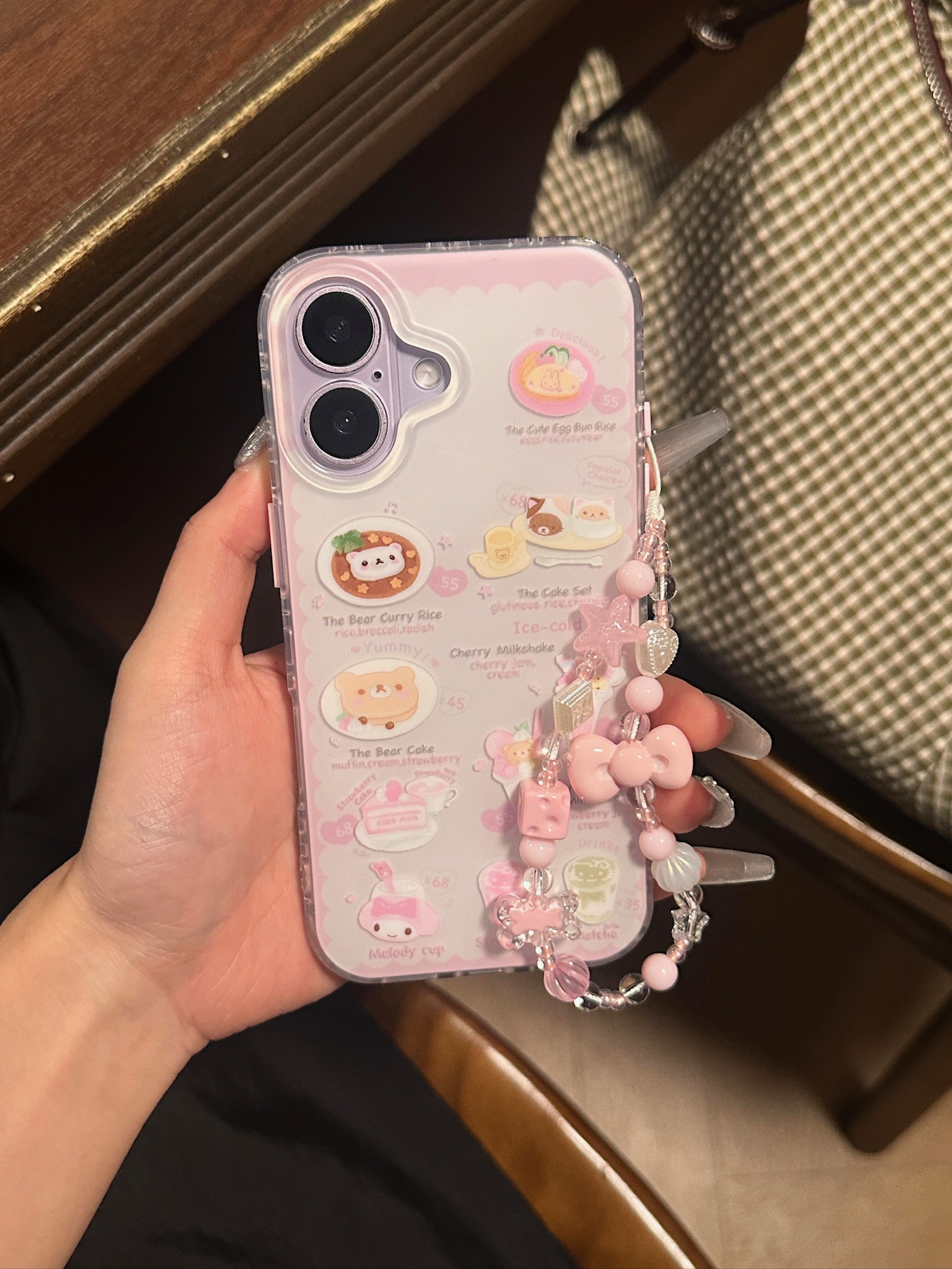 ins少女可爱卡通轻松熊甜品印花鲷鱼烧适用苹果15PM双层IMD磨砂手机壳iPhone16promax治愈少女心13/14pro手链