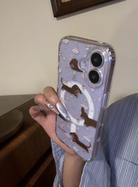 ins韩系可爱透明甜品腊肠狗磁吸支架手机壳适用苹果17promax新款iPhone17pro全包16pro保护套14/13防摔15女款