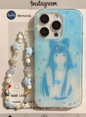 INS风蓝色蝴蝶猫耳黑沼爽子双层印花韩系14适用iphone16promax苹果16pro手机壳16/13/15Promax保护套带链条女