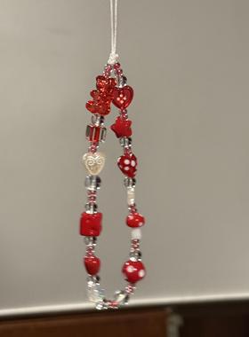 ins风红色爱心小熊蘑菇韩系手机链串珠挂件手机手链ccd挂件相机链