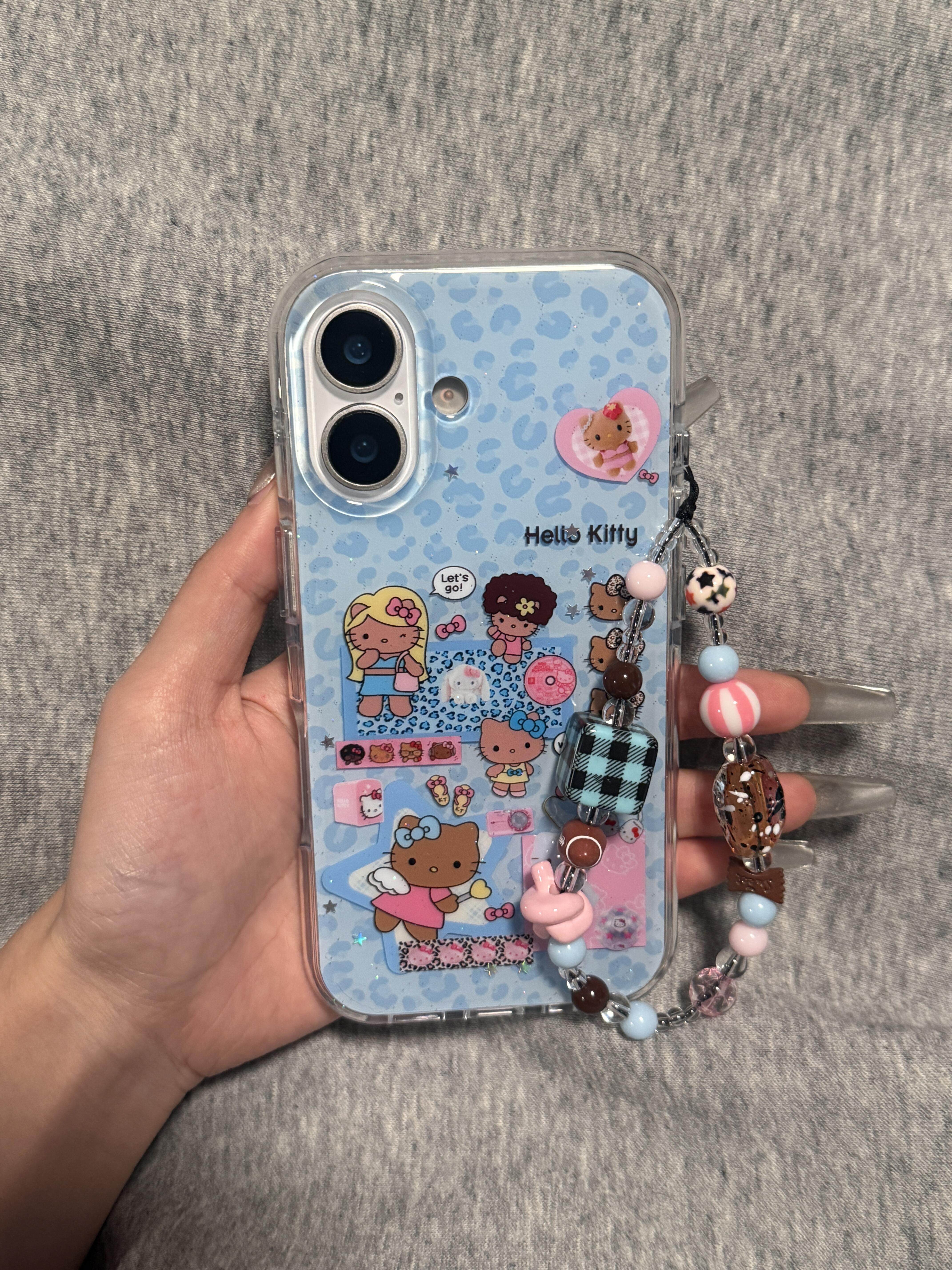 ins可爱蓝底豹纹Kitty猫插画适用苹果16手机壳iPhone16promax新款17Pro女款15苹果17pm防摔套14Pro双层壳13软