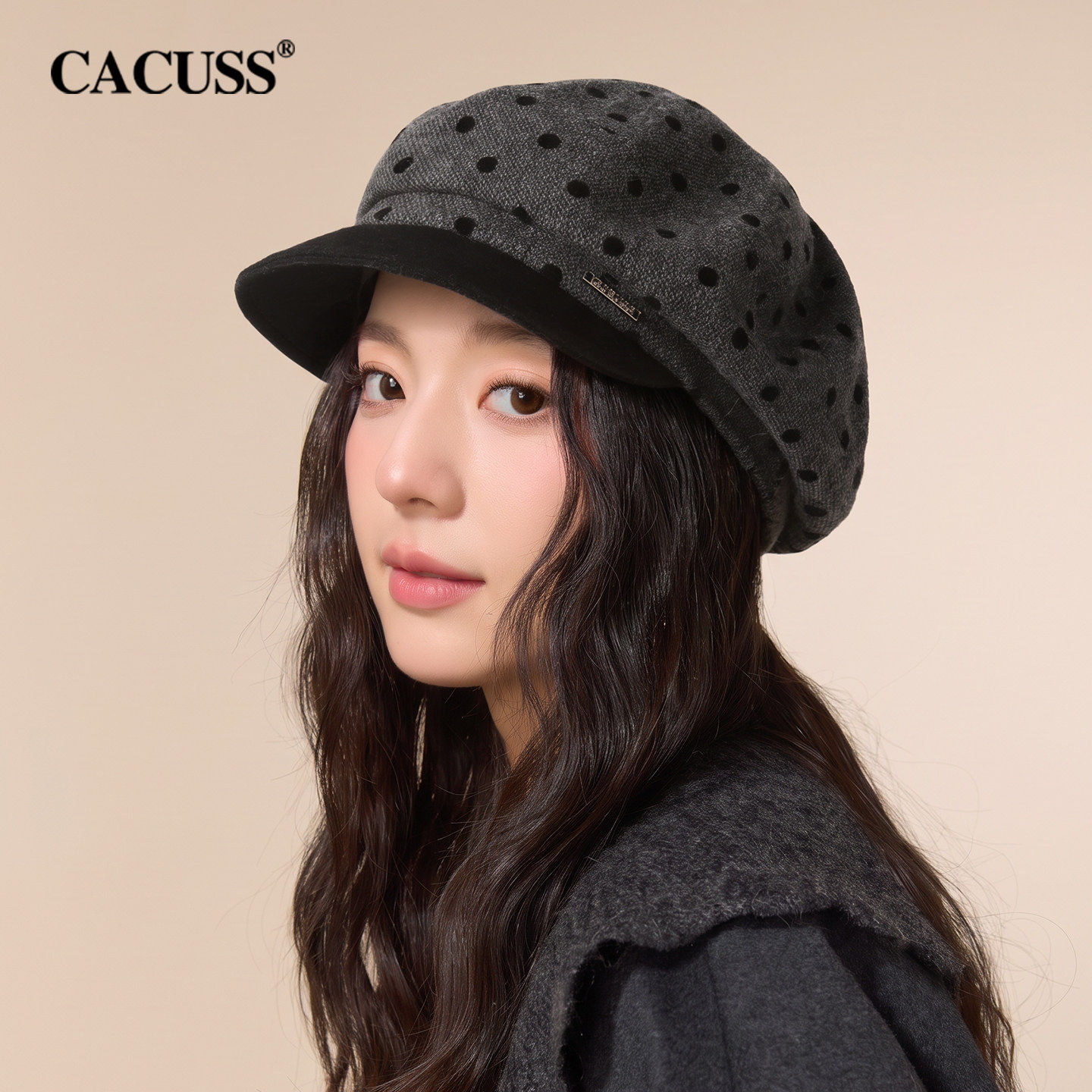 CACUSS奥莱波点贝雷帽子女冬含羊毛鸭舌帽带檐八角帽显脸小报童帽