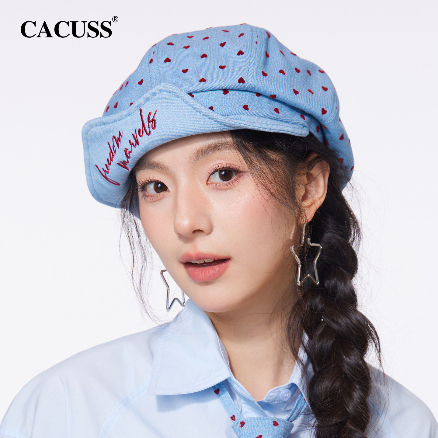 CACUSS牛仔贝雷帽子女春夏大头围爱心刺绣报童帽显脸小八角画家帽