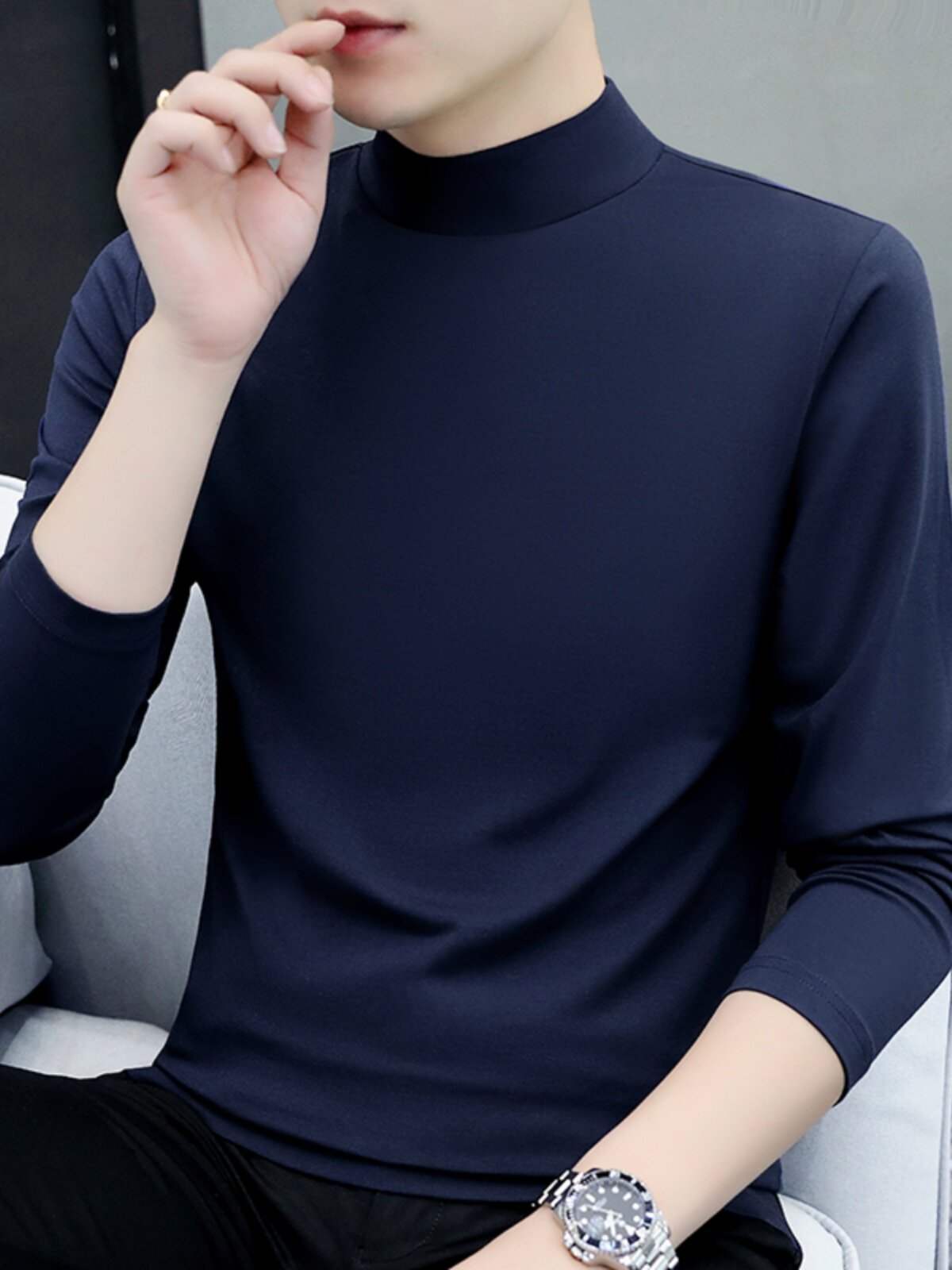 春秋季新款半高领打底衫男修身纯色休闲薄款纯棉内搭男士长袖T恤