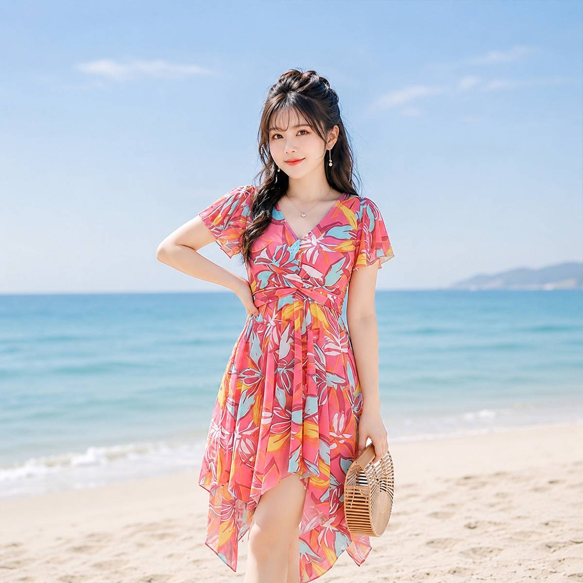 大码碎花连体泳衣女遮肉显 瘦V领不规则裙摆保守度假温泉泳衣