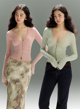 PynkiSwear 三文鱼粉/浅绿色V领系带T恤女显瘦微透针织长袖上衣