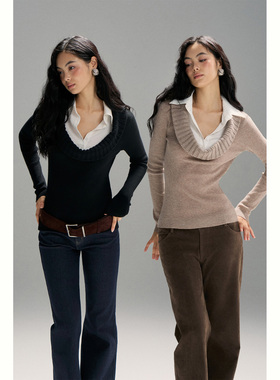 PynkiSwear 黑色/燕麦色衬衫拼翻领假两件针织毛衣高智上衣含羊毛