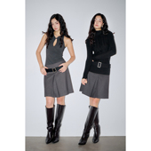 型压褶半身裙高智西装 PynkiSwear 深灰色条纹低腰A字版 中裙女