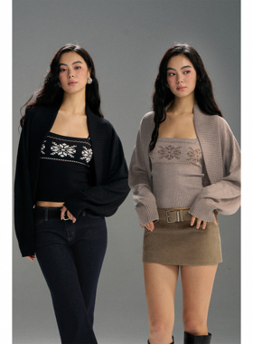 PynkiSwear摩卡色/黑色短款坎肩罩衫/修身吊带费尔岛毛衣两件套秋