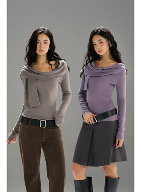 PynkiSwear 鼠尾灰/烟紫色围巾式堆堆领修身毛衣女显瘦长袖针织衫