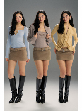 PynkiSwear 卡其灰绿低腰A字麂皮短款半身裙防走光包臀皮裙含皮带