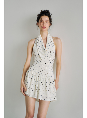 PynkiSwear 白底黑波点/深灰色V领挂脖短款无袖露背挂脖连衣裙女