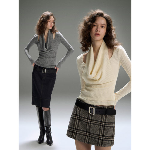 PynkiSwear 米白/灰色荡领挂脖假两件针织上衣女长袖套头麻花毛衣