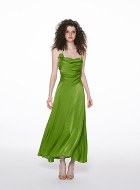 PynkiSwear 芽绿色/灰紫色/暗夜黑缎面挂脖吊带连衣裙度假长裙夏