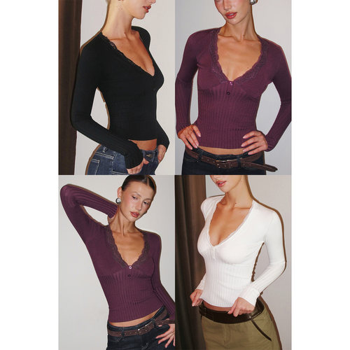 PynkiSwear 黑/紫/白色深V领蕾丝花边修身针织衫毛衣坑条打底上衣