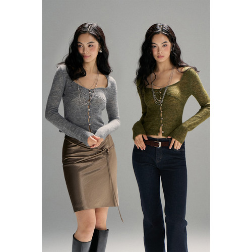 PynkiSwear 橄榄绿/灰色含羊毛大U领修身针织衫贝壳扣长袖短上衣