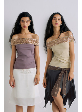 PynkiSwear 卡其色/烟紫色一字肩珠片拼接修身绑带无袖T恤上衣女