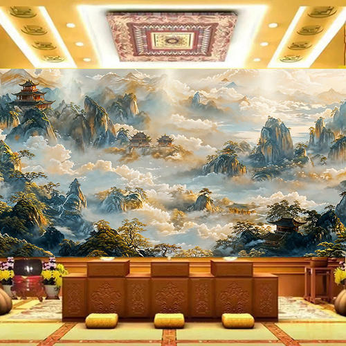 仙道莲花山水自粘佛堂寺庙壁画