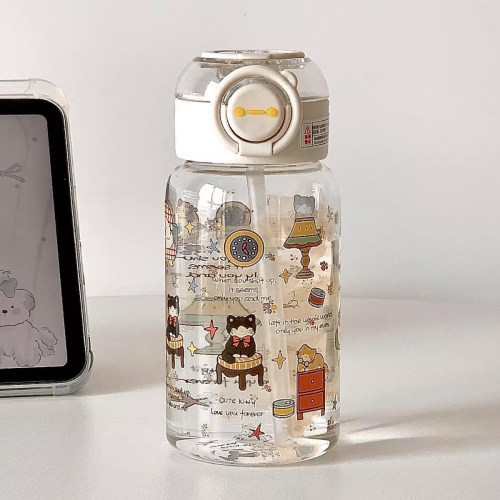 卡通猫咪星星图案夏日水杯透明简约吸管双饮学生可爱随身杯600ml