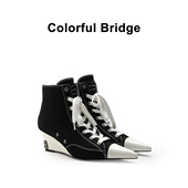 Colorful 尖头坡跟黑色女士短靴 高帮系带帆布鞋 Bridge 设计师款