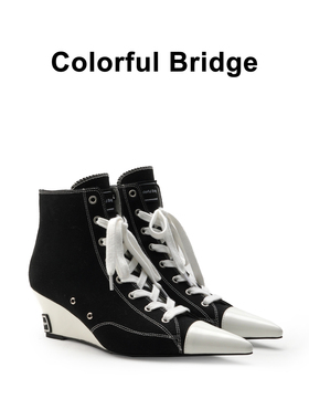 Colorful Bridge丨设计师款高帮系带帆布鞋 尖头坡跟黑色女士短靴
