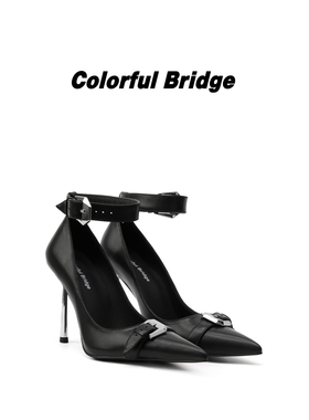 Colorful Bridge【月铎】金属扣绑带高跟鞋 尖头细跟黑色女士单鞋