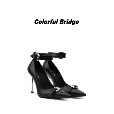 Colorful Bridge【月铎】金属扣绑带高跟鞋 尖头细跟黑色女士单鞋