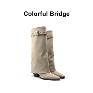 皮带扣长靴 Colorful 管靴设计师款 裤 小方头粗跟女士高靴 Bridge