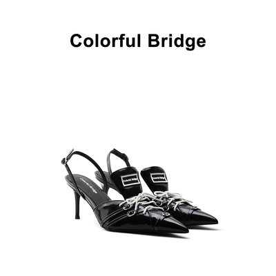 Colorful Bridge丨F1赛车系列 设计师款运动高跟鞋尖头黑色凉鞋