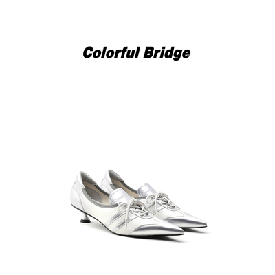 Colorful Bridge【银轨】设计师款尖头德训 拼接系带女士高跟鞋