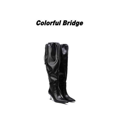 Colorful Bridge【潜夜】设计款拉皱高筒靴 黑色未来尖头女士长靴
