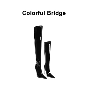 皮带夹漆皮细跟尖头弹力靴 非对称女士过膝靴 Colorful Bridge