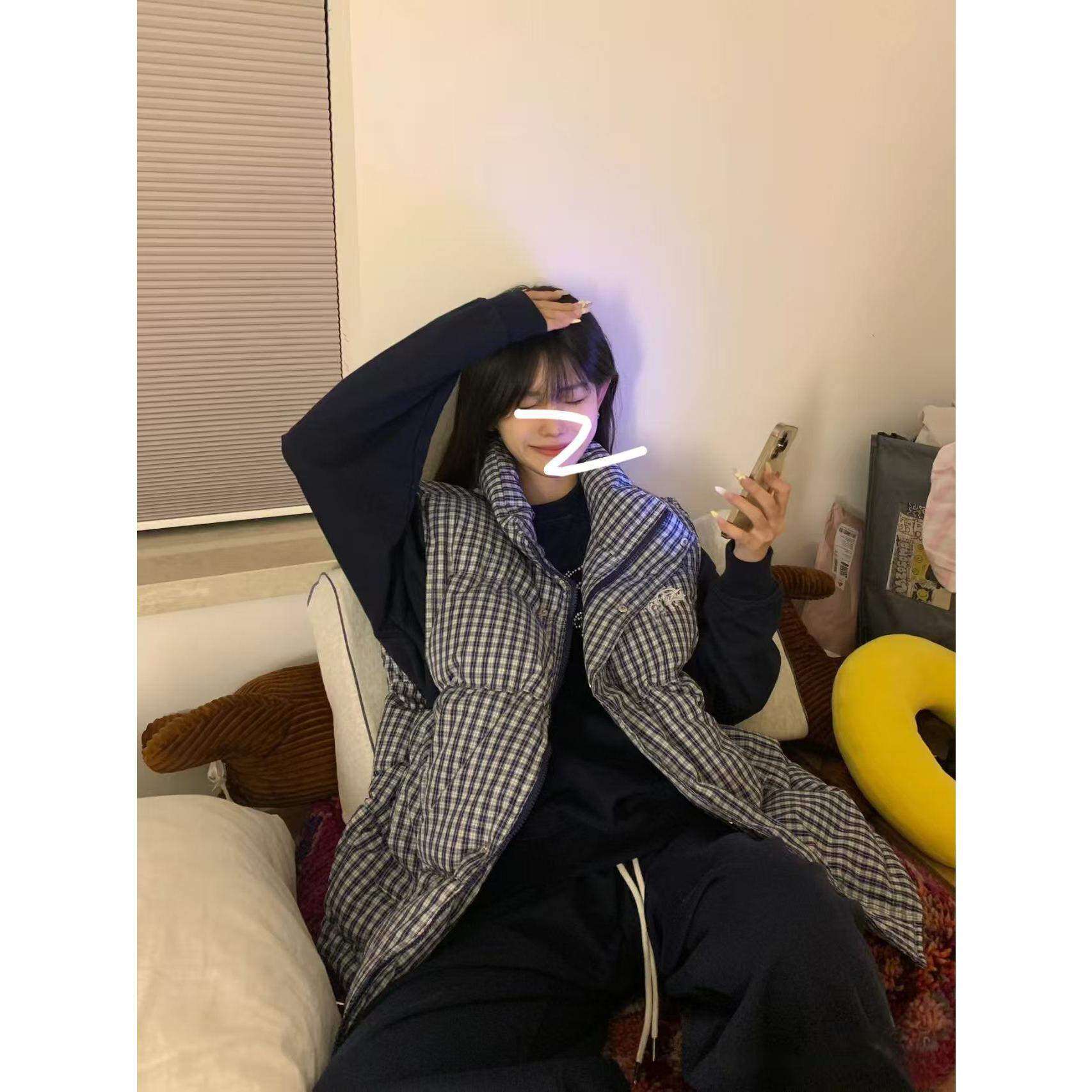 【色织格】美式格纹马甲棉服女冬季宽松刺绣外穿百搭保暖拉链外套