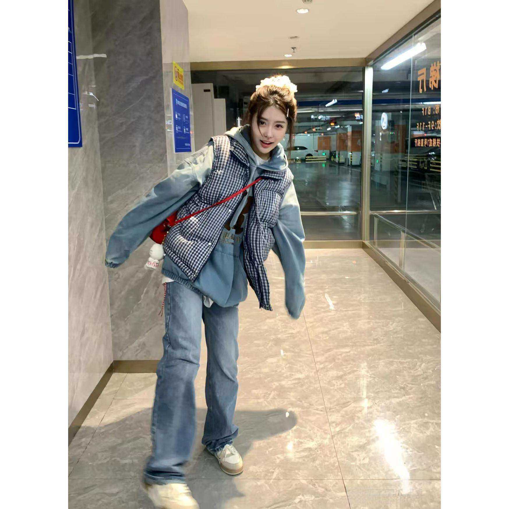 【色织格】美式格纹马甲棉服女冬季宽松刺绣外穿百搭保暖拉链外套