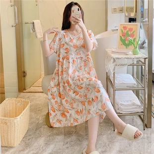 绵绸裙大码 泳衣家居裙高级感甜美学生短袖 薄款 棉绸睡裙女春秋夏季