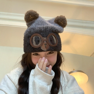 可爱小熊帽子女款针织帽显脸小适合方圆脸秋冬季加厚保暖2025新款