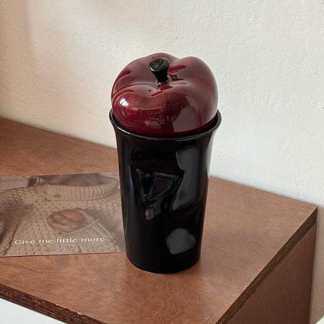 苹果陶瓷水杯家用喝水马克杯带盖女生高颜值可爱杯子大容量复古