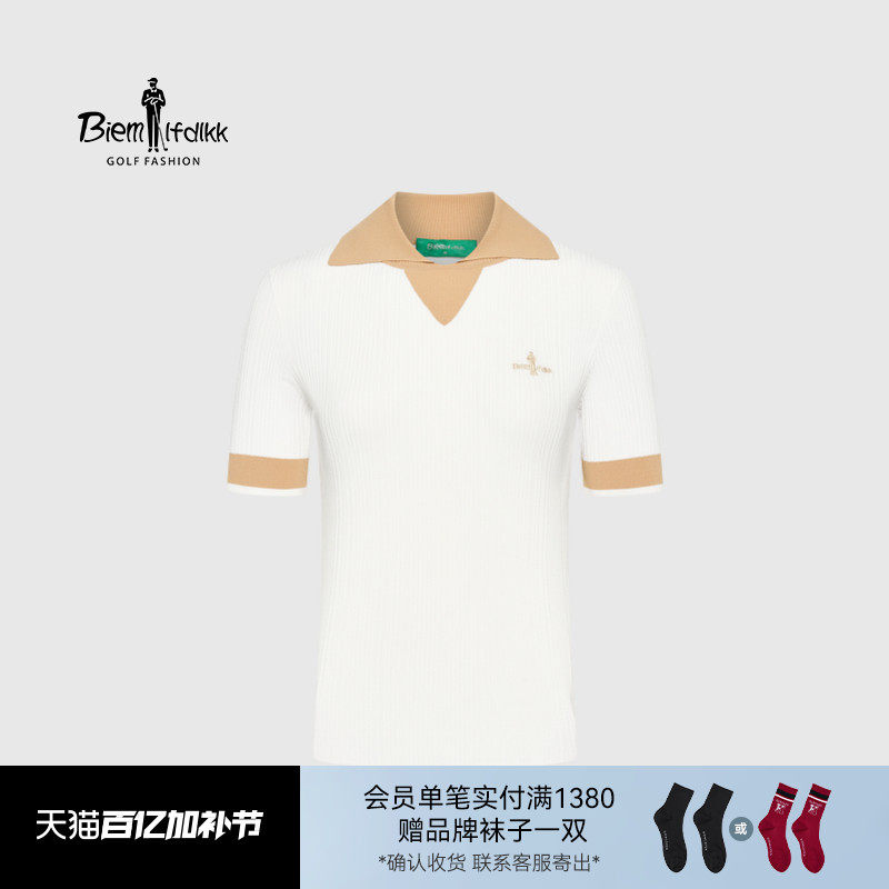 【弹力透气】比音勒芬高尔夫秋刺绣logo一字翻领短袖针织衫女