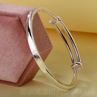 高档潮兴福小镯熊99纯银手镯女9款推拉足银子实光心面日韩网红银