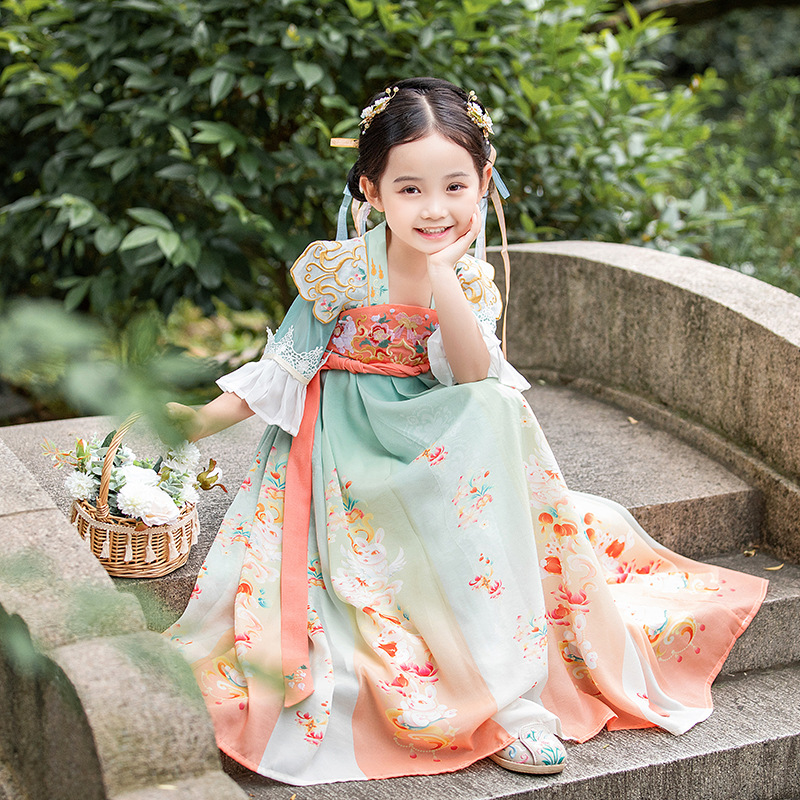 睿蒙汉服女童2023新款古风夏款儿童古装唐装超仙女孩短袖连衣裙