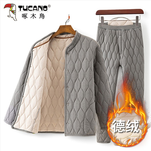 内胆棉袄爸爸装 啄木鸟冬季 男士 套装 中老年人加厚德绒柔软棉衣棉裤