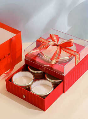 红色橙色双层抽屉五宝通用礼盒燕窝虫草鹿茸石斛滋补药材包装盒空