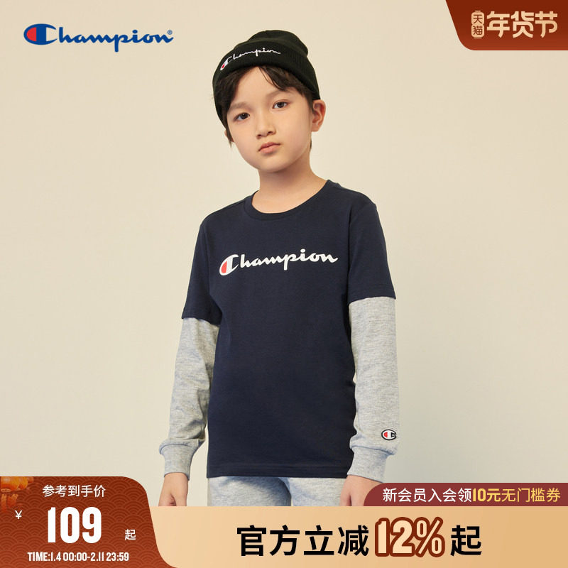 Champion冠军男女大小童25秋季新款纯棉舒适假两件运动长袖T恤潮,童装/婴儿装/亲子装,T恤,淘宝优惠券,粉丝福利购,淘宝优惠卷