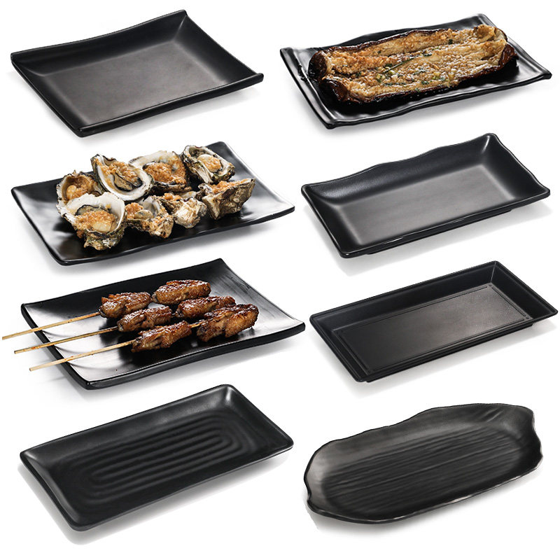 烧烤盘子10个装 密胺长方形商用塑料黑色创意特色餐具火锅店菜盘