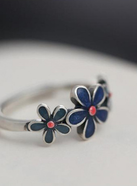镀银2025新款复古珐琅蓝色花朵戒