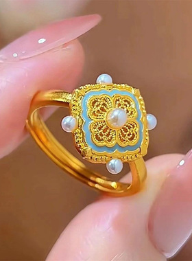 新款新中式古法四合如意戒指女国