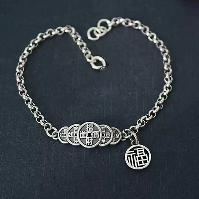 新款S925银复古五帝币铜钱链个性