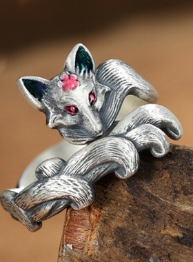 新款镀银九尾灵狐开口戒指女可爱